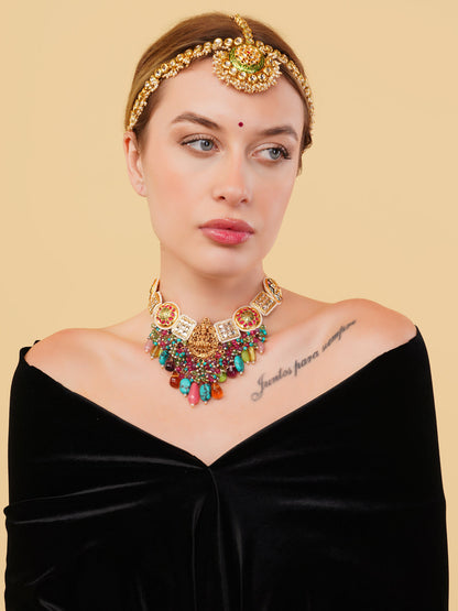 Red and Gold Temple Necklace with kundan tikras and mouthful of hangings to give a wholesome look from Dugristyle Ruhaniyat By Dugran