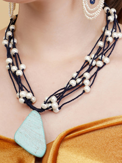 Blue and Black Pearls in thread necklace with natural stone hanging as a locket with adjustable chain from Dugristyle Ruhaniyat By Dugran