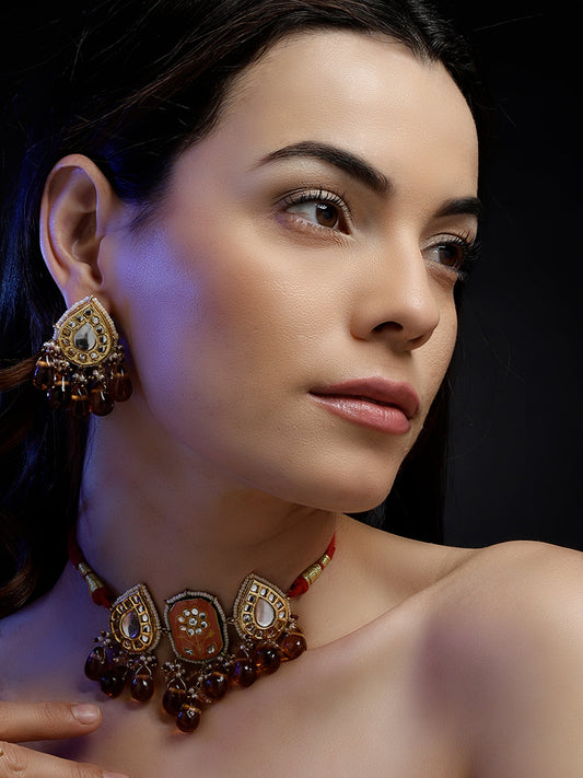 Orange and Red Meenakari Jewellery Set with Adjustable Dori and Drop Shaped Kundan  from Dugristyle Ruhaniyat By Dugran