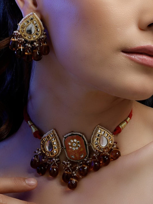 Orange and Red Meenakari Jewellery Set with Adjustable Dori and Drop Shaped Kundan  from Dugristyle Ruhaniyat By Dugran