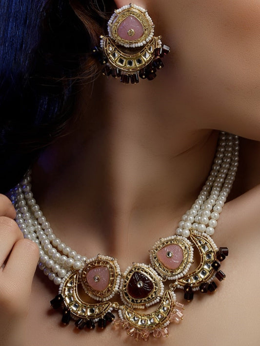 Pink and Maroon Kundan Jewellery Set with Pearls Strings and Carved Stones from Dugristyle Ruhaniyat By Dugran