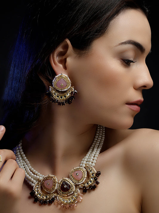 Pink and Maroon Kundan Jewellery Set with Pearls Strings and Carved Stones from Dugristyle Ruhaniyat By Dugran