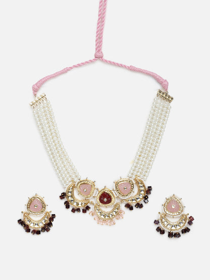 Pink and Maroon Kundan Jewellery Set with Pearls Strings and Carved Stones from Dugristyle Ruhaniyat By Dugran
