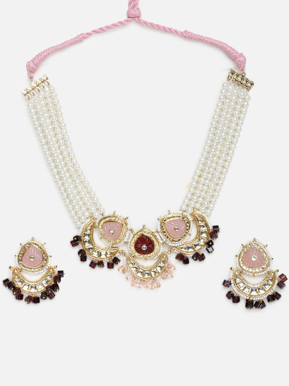Pink and Maroon Kundan Jewellery Set with Pearls Strings and Carved Stones from Dugristyle Ruhaniyat By Dugran