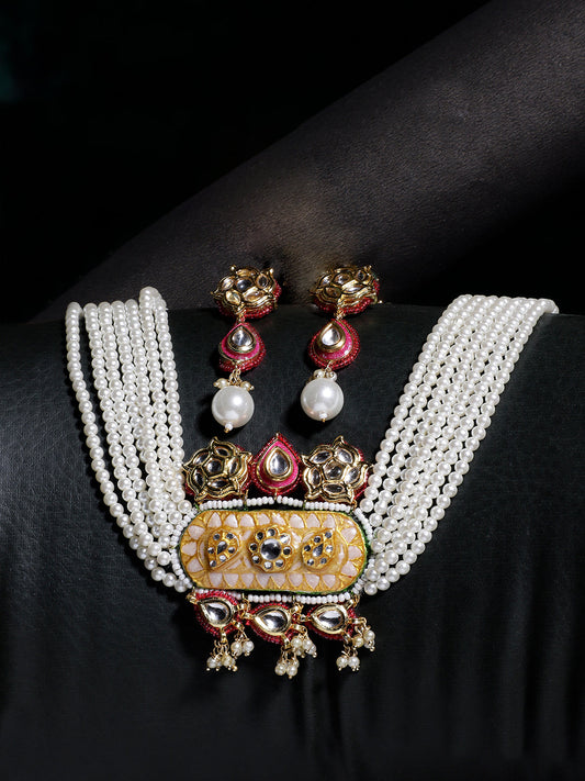 Peach and Pink Meenakari Jewellery Set with Adjustable Dori and Multi Color Pearl Hangings from Dugristyle Ruhaniyat By Dugran