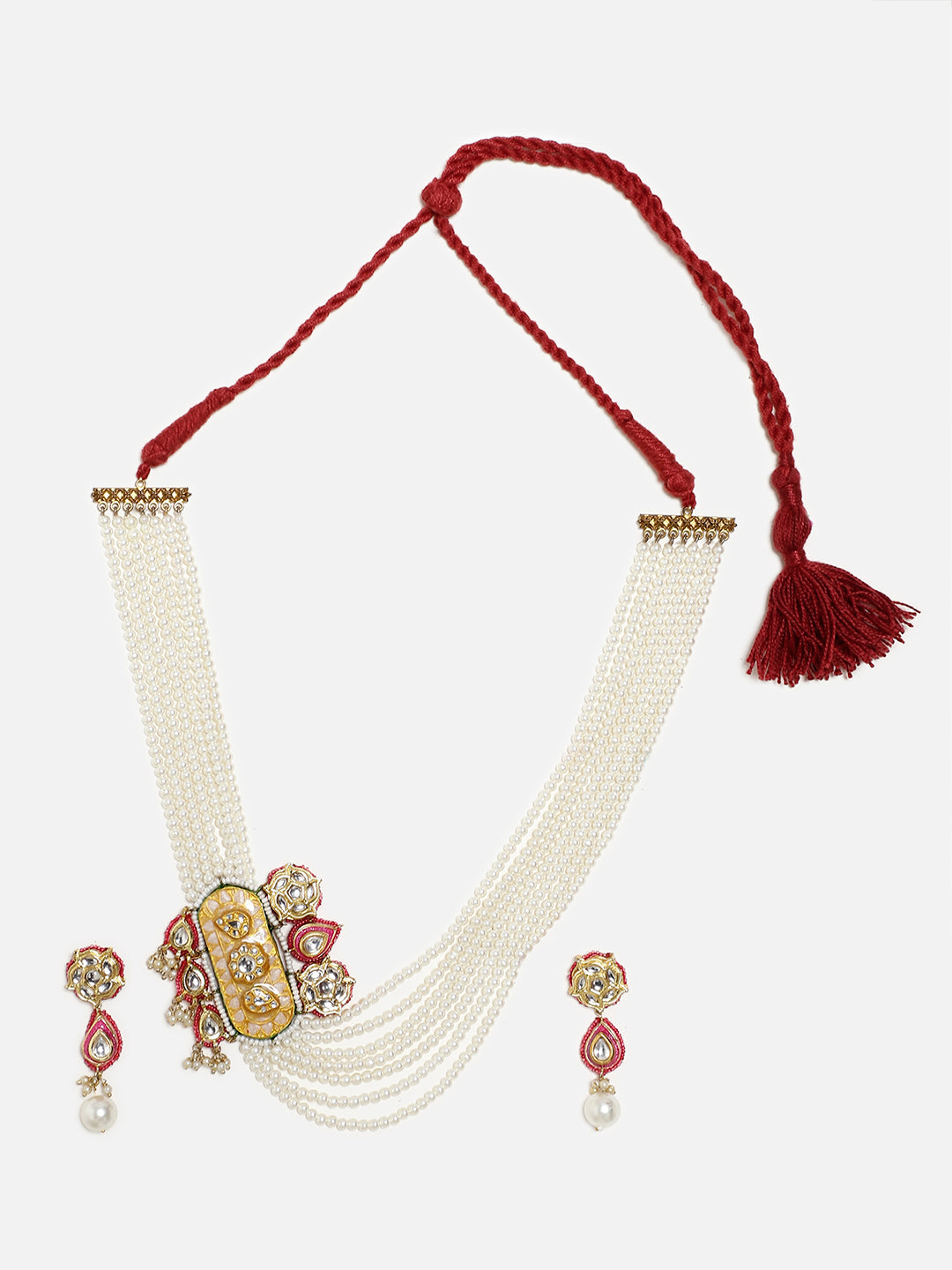 Peach and Pink Meenakari Jewellery Set with Adjustable Dori and Multi Color Pearl Hangings from Dugristyle Ruhaniyat By Dugran