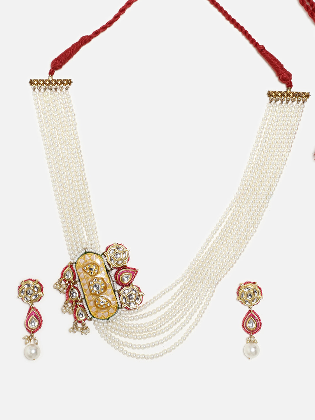 Peach and Pink Meenakari Jewellery Set with Adjustable Dori and Multi Color Pearl Hangings from Dugristyle Ruhaniyat By Dugran