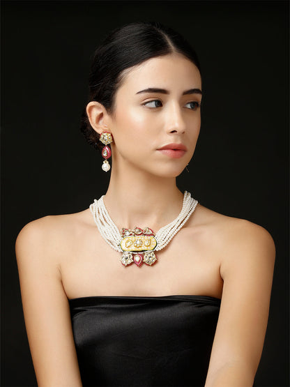 Peach and Pink Meenakari Jewellery Set with Adjustable Dori and Multi Color Pearl Hangings from Dugristyle Ruhaniyat By Dugran