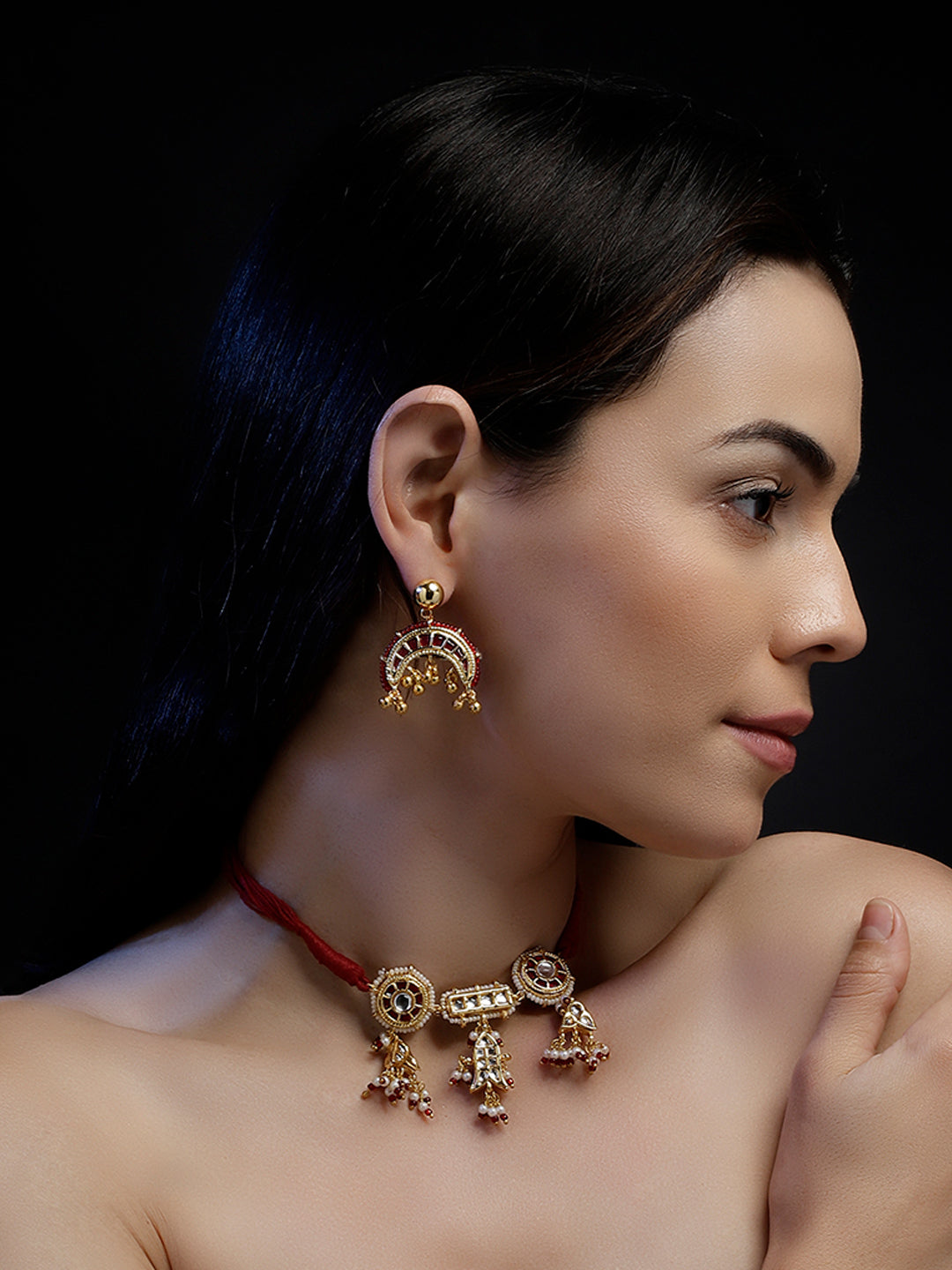 Multi Shaped and Red Colored Kundan Jewellery Set