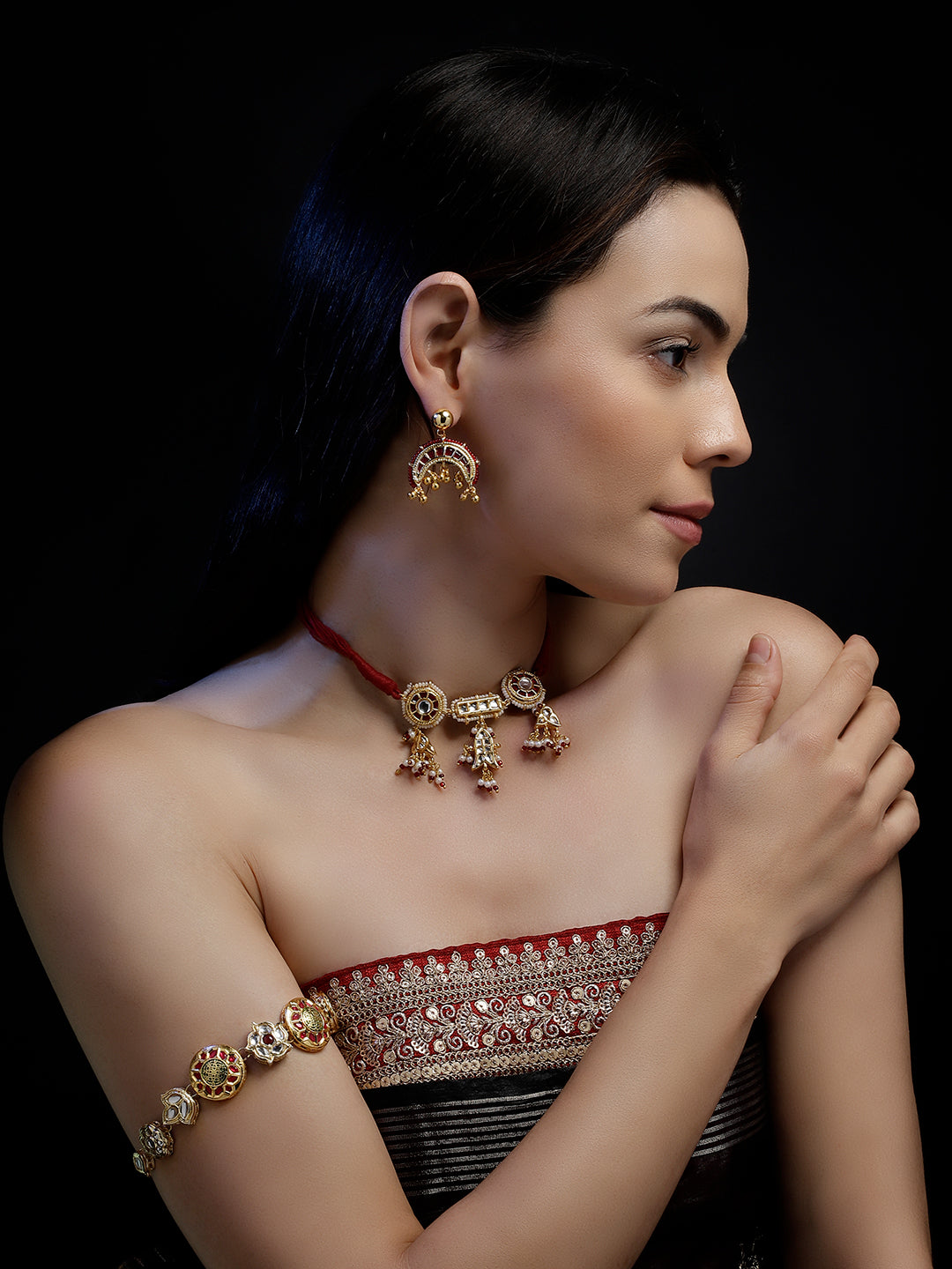 Multi Shaped and Red Colored Kundan Jewellery Set