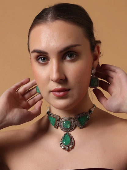 Green and Gold Moissanite with American Diamond necklace with Earring from Dugristyle Ruhaniyat By Dugran