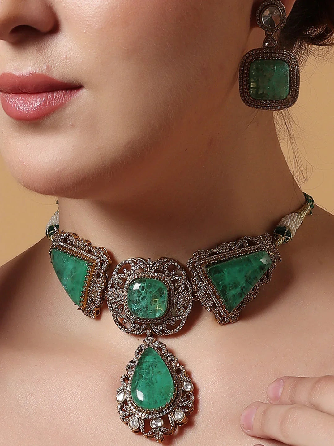 Green and Gold Moissanite with American Diamond necklace with Earring from Dugristyle Ruhaniyat By Dugran