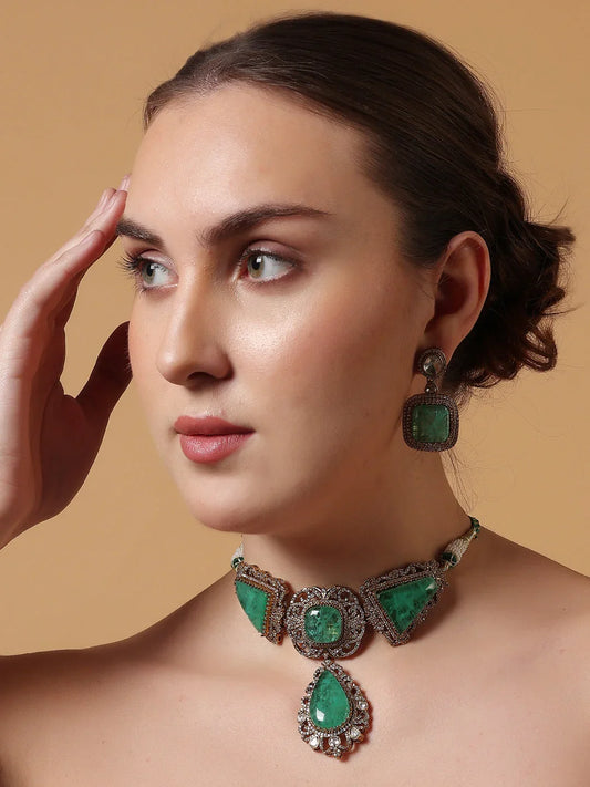 Green and Gold Moissanite with American Diamond necklace with Earring from Dugristyle Ruhaniyat By Dugran