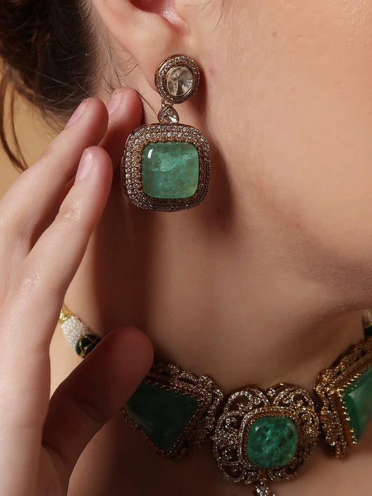 Green and Gold Moissanite with American Diamond necklace with Earring from Dugristyle Ruhaniyat By Dugran
