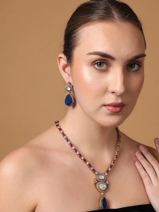 Blue and Purple Moissanite with American Diamond necklace with Earring from Dugristyle Ruhaniyat By Dugran
