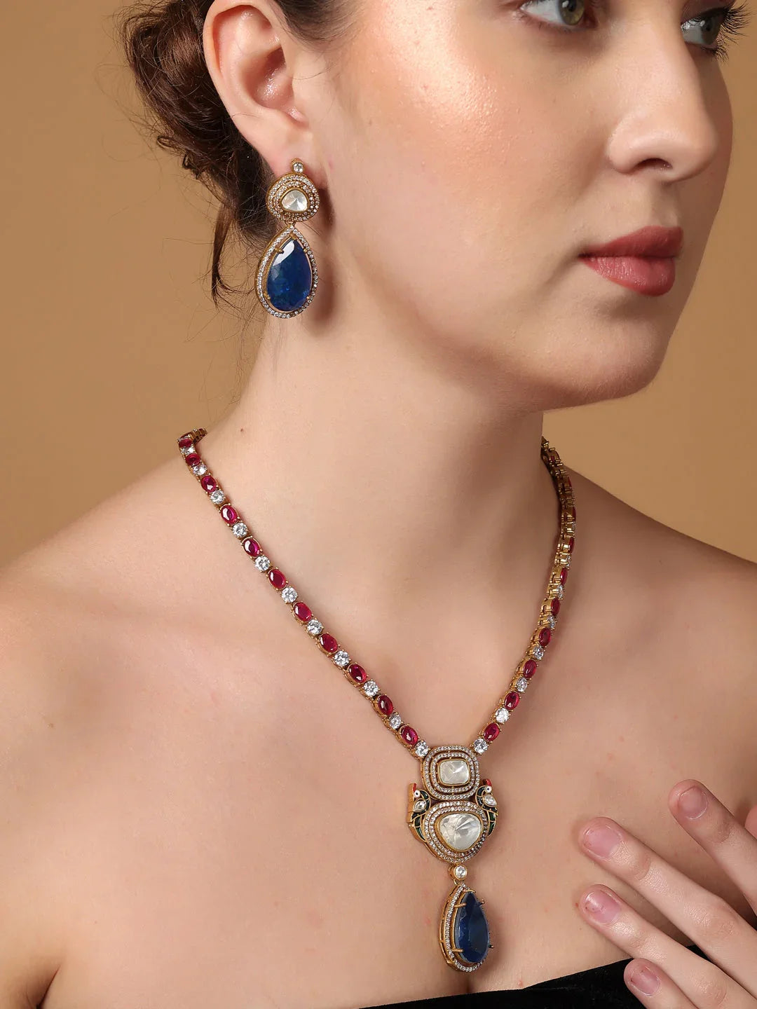 Blue and Purple Moissanite with American Diamond necklace with Earring from Dugristyle Ruhaniyat By Dugran