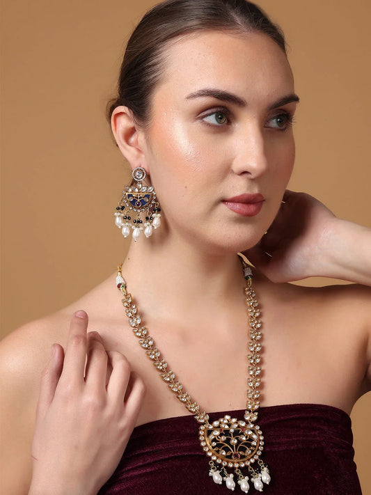 Blue and Gold Moissanite Stones used with peacock design Necklace and earrings set from Dugristyle Ruhaniyat By Dugran