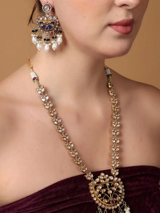 Blue and Gold Moissanite Stones used with peacock design Necklace and earrings set from Dugristyle Ruhaniyat By Dugran