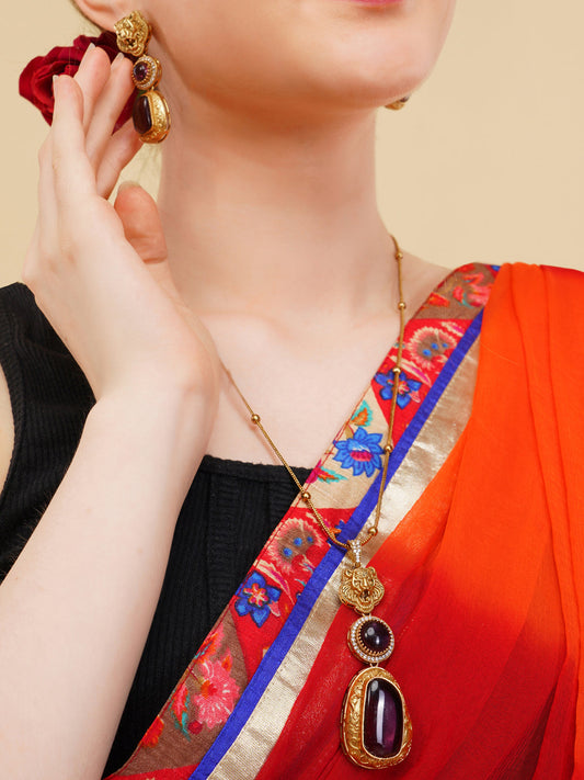 Maroon and Gold Moissanite Stones used with Tiger design Necklace and earrings set from Dugristyle Ruhaniyat By Dugran