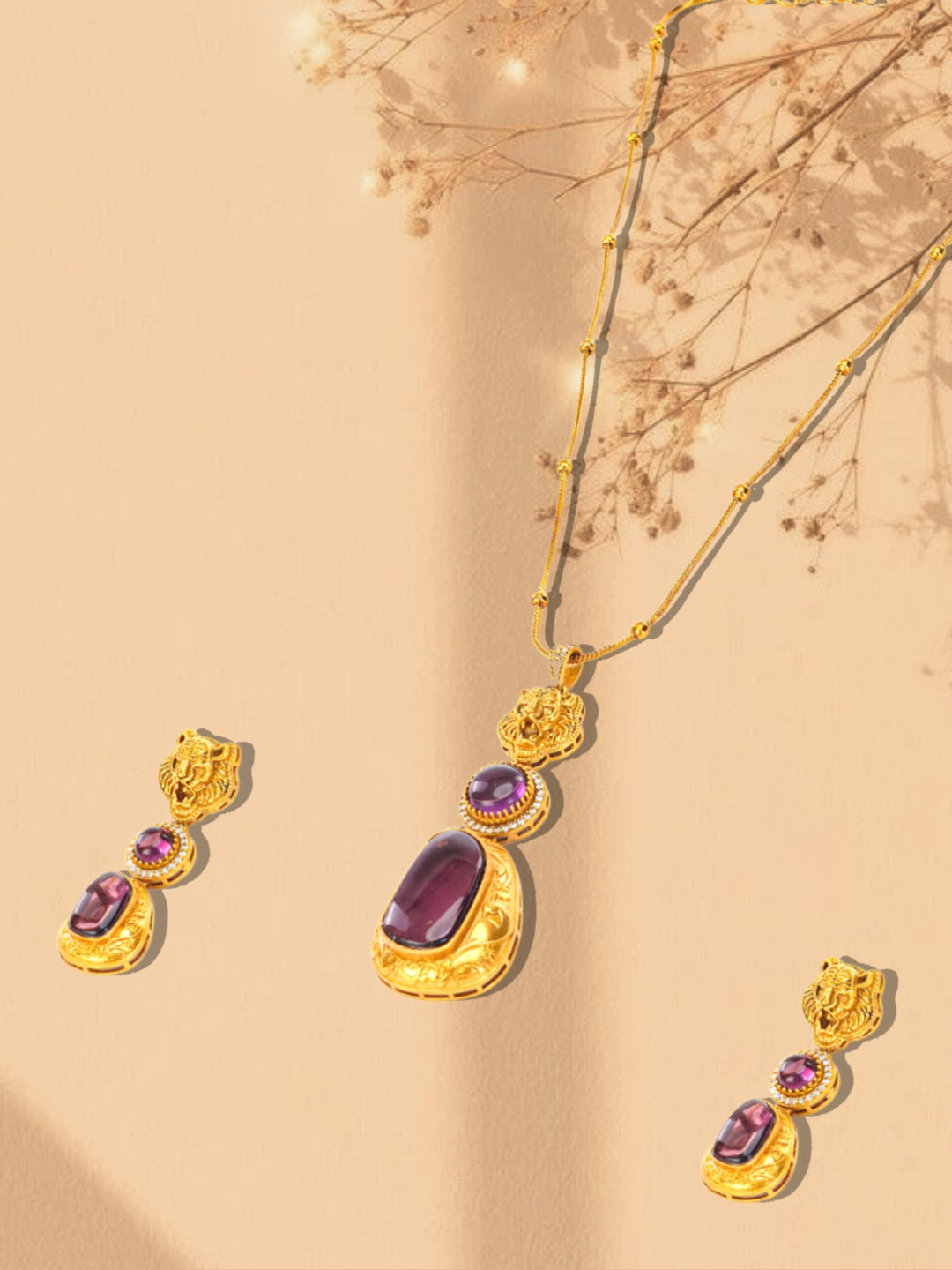 Green and Gold Moissanite Stones used with Tiger design Necklace and earrings set from Dugristyle Ruhaniyat By Dugran