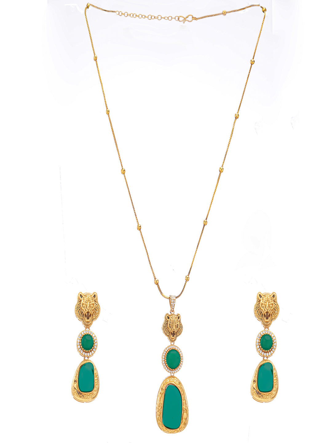 Green and Gold Moissanite Stones used with Tiger design Necklace and earrings set from Dugristyle Ruhaniyat By Dugran