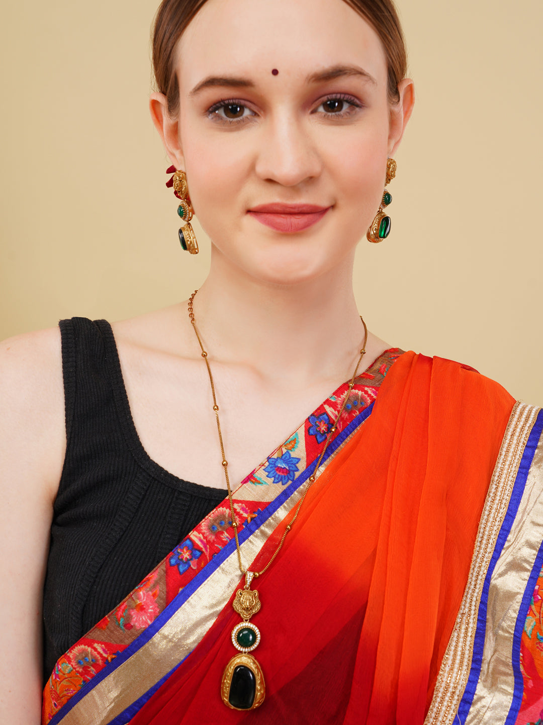 Green and Gold Moissanite Stones used with Tiger design Necklace and earrings set from Dugristyle Ruhaniyat By Dugran
