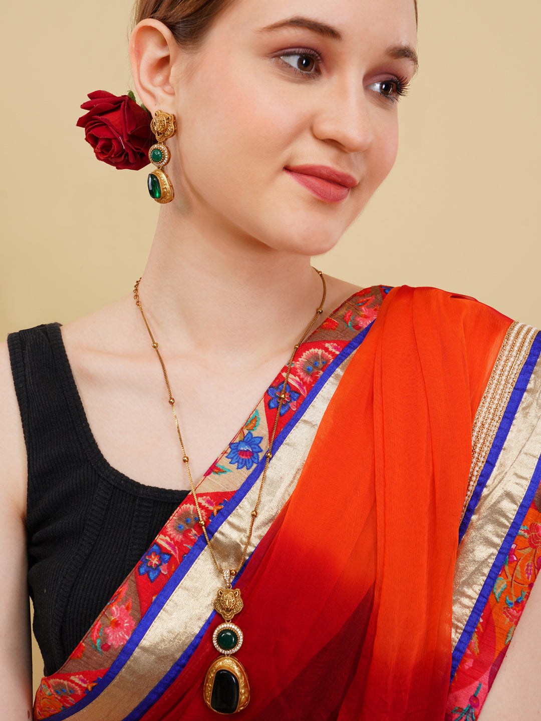 Green and Gold Moissanite Stones used with Tiger design Necklace and earrings set from Dugristyle Ruhaniyat By Dugran