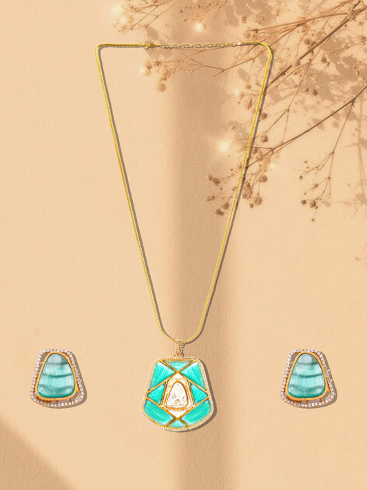 Green and Gold Moissanite Stones used with Stripe design Necklace and earrings set from Dugristyle Ruhaniyat By Dugran
