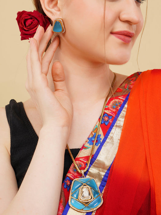 Blue and Gold Moissanite Stones used with Stripe design Necklace and earrings set from Dugristyle Ruhaniyat By Dugran
