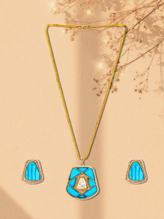 Blue and Gold Moissanite Stones used with Stripe design Necklace and earrings set from Dugristyle Ruhaniyat By Dugran