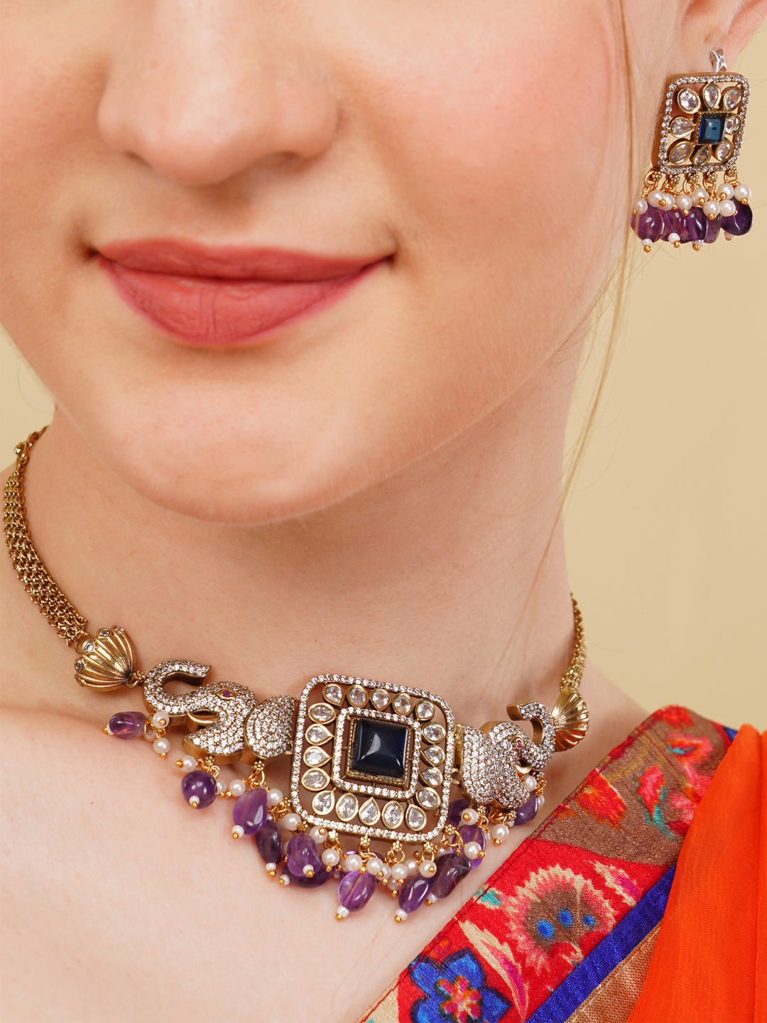Purple and Blue Elephant Inspired necklace with moissanite stone and natural stone hangings from Dugristyle Ruhaniyat By Dugran
