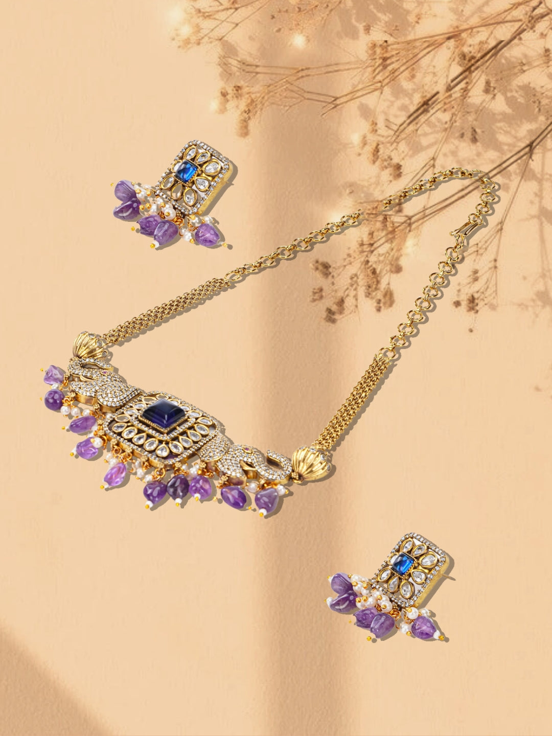 Purple and Blue Elephant Inspired necklace with moissanite stone and natural stone hangings from Dugristyle Ruhaniyat By Dugran
