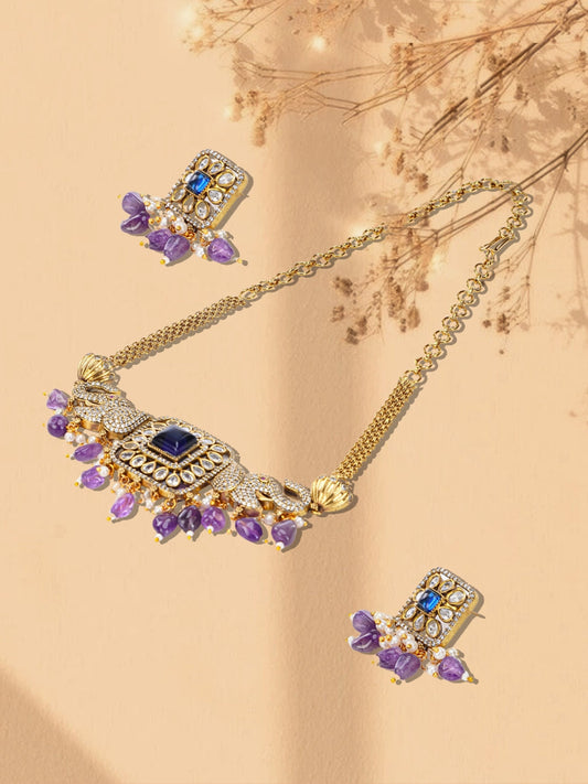 Purple and Blue Elephant Inspired necklace with moissanite stone and natural stone hangings from Dugristyle Ruhaniyat By Dugran