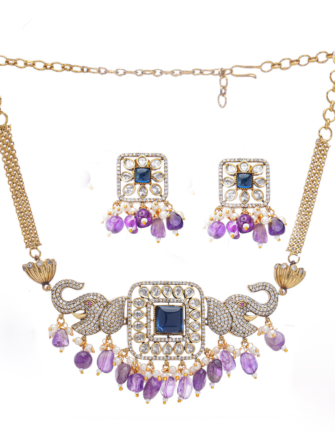 Purple and Blue Elephant Inspired necklace with moissanite stone and natural stone hangings from Dugristyle Ruhaniyat By Dugran