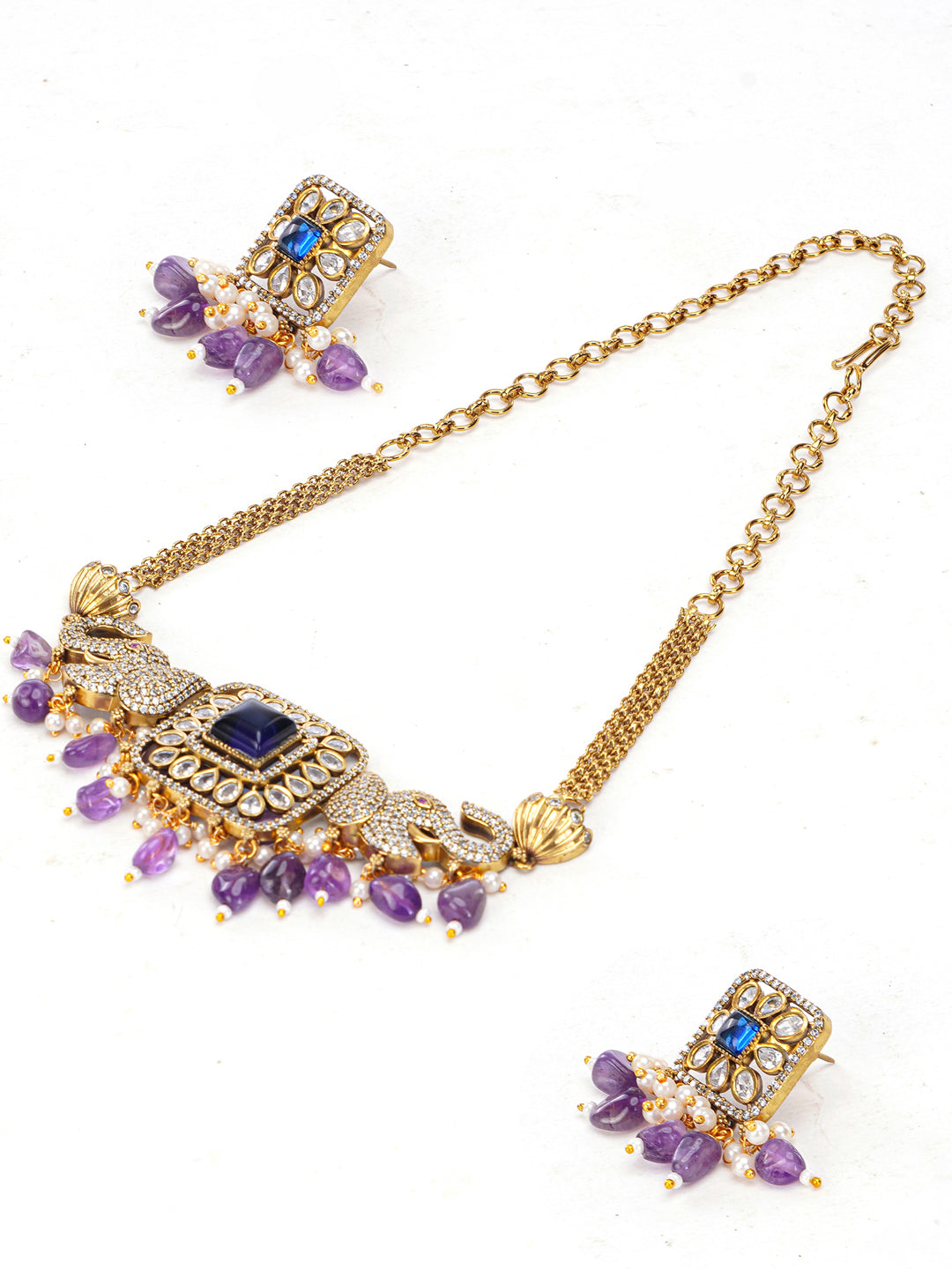 Purple and Blue Elephant Inspired necklace with moissanite stone and natural stone hangings from Dugristyle Ruhaniyat By Dugran