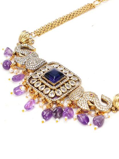 Purple and Blue Elephant Inspired necklace with moissanite stone and natural stone hangings from Dugristyle Ruhaniyat By Dugran