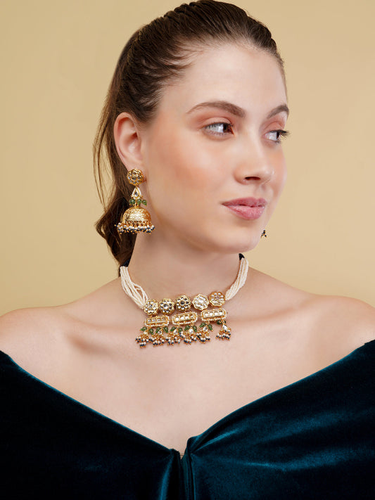 Green and Gold Kundan with Multi Shaped tikras and Colored hangings Jewellery Set from Dugristyle Ruhaniyat By Dugran
