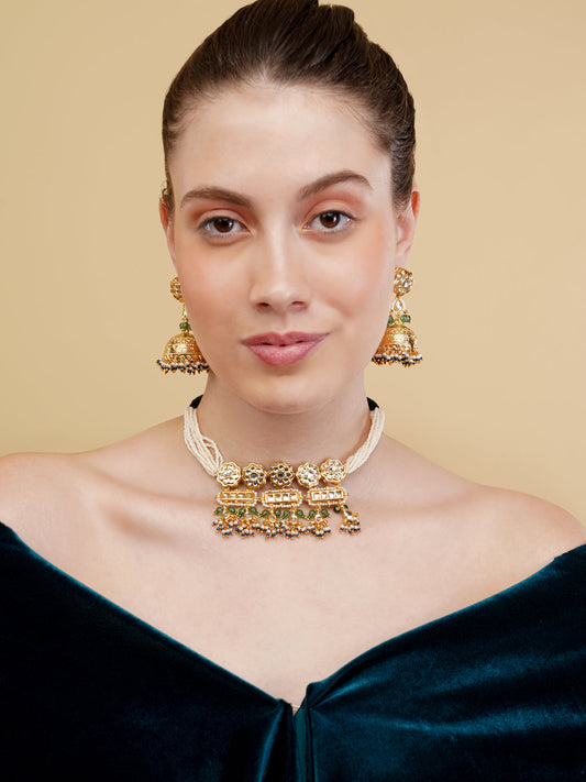 Green and Gold Kundan with Multi Shaped tikras and Colored hangings Jewellery Set from Dugristyle Ruhaniyat By Dugran