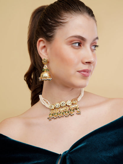 Green and Gold Kundan with Multi Shaped tikras and Colored hangings Jewellery Set from Dugristyle Ruhaniyat By Dugran