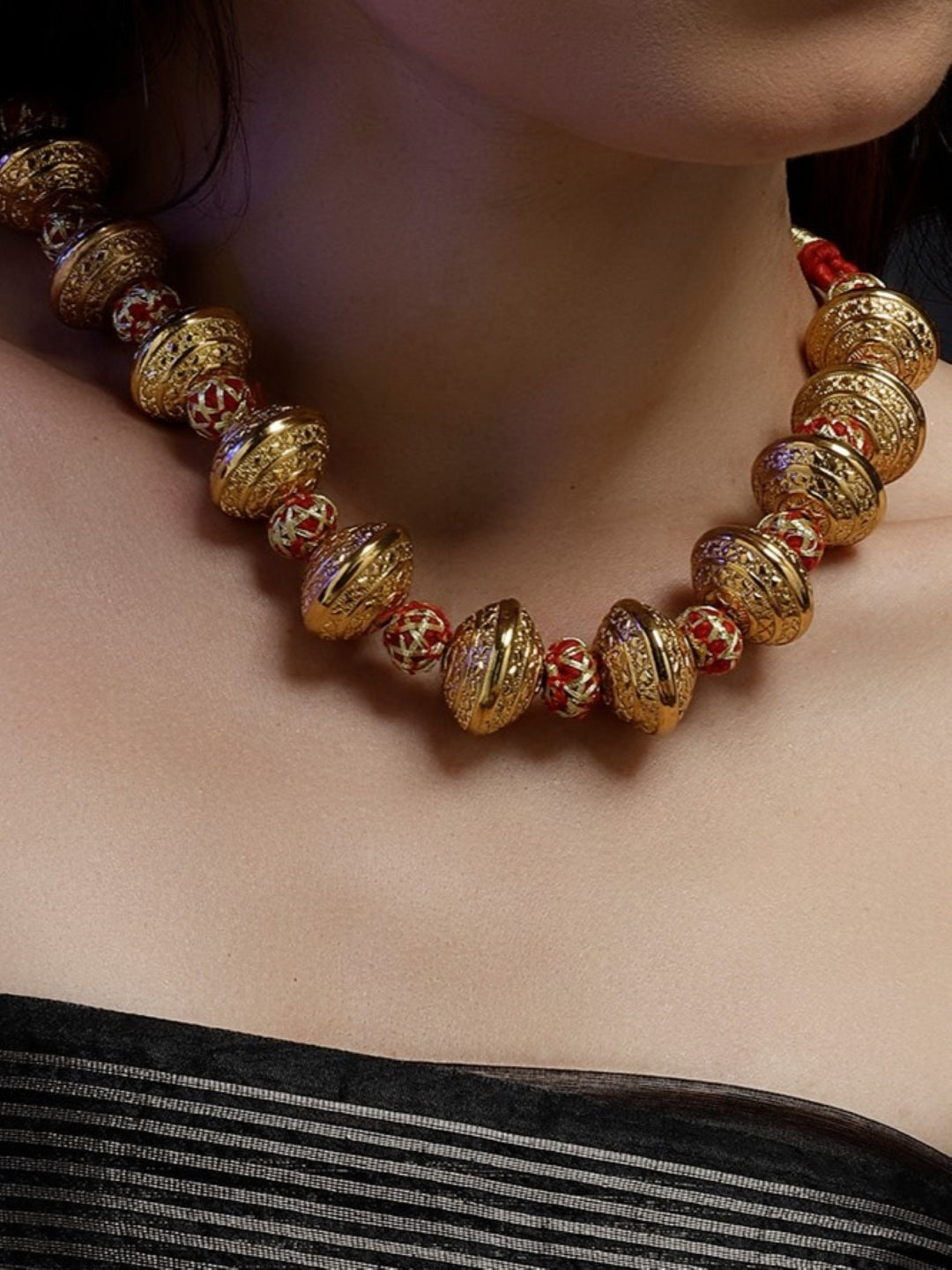 Red and Gold Natural Stones Necklace with Handmade Balls from Dugristyle Ruhaniyat By Dugran