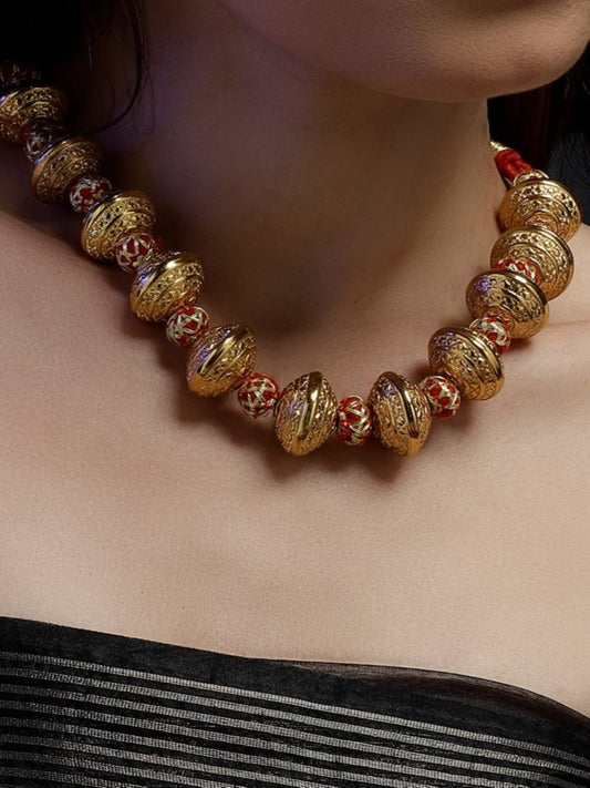 Red and Gold Natural Stones Necklace with Handmade Balls from Dugristyle Ruhaniyat By Dugran