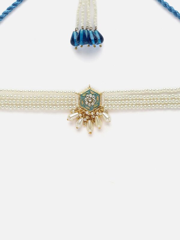 Blue & Green Chokar Necklace with American Diamonds & Pearls