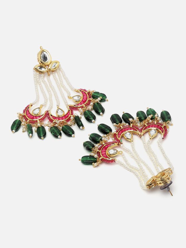 Pink & Green Drop Earring with Kundan & Pearls