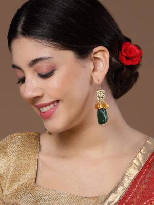 Green & Gold Drop Earring with Pearls & Natural Stones