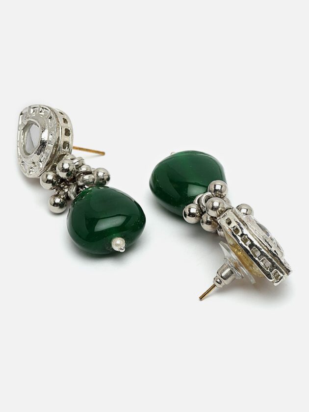 Green & Silver Drop Earring with Kundan & Pearls