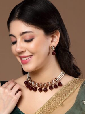 Red & Maroon Drop Earring with Kundan & Natural Stones