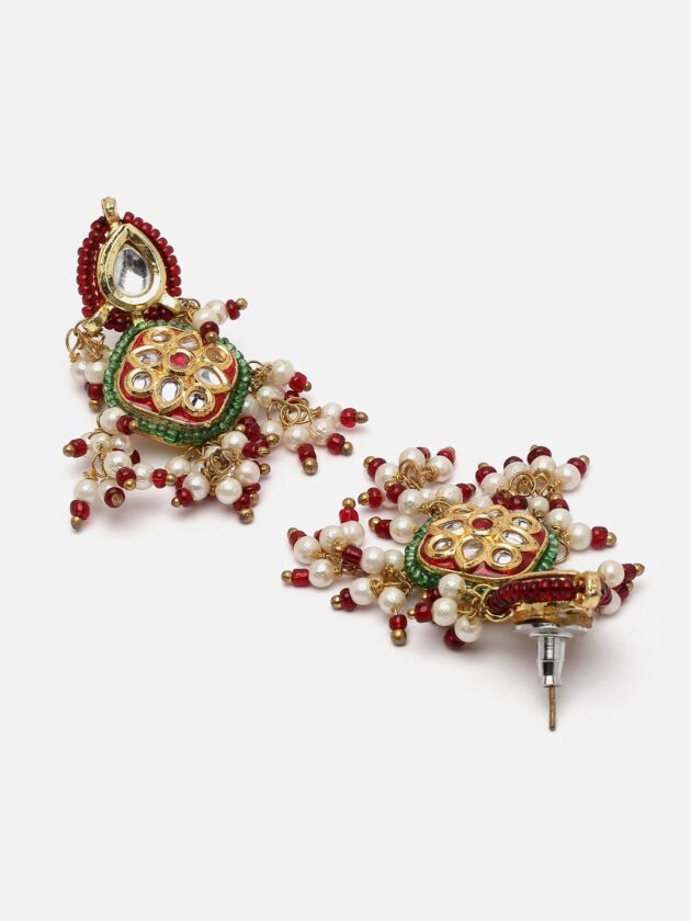 Red & Gold Drop Earring with Kundan & Pearls