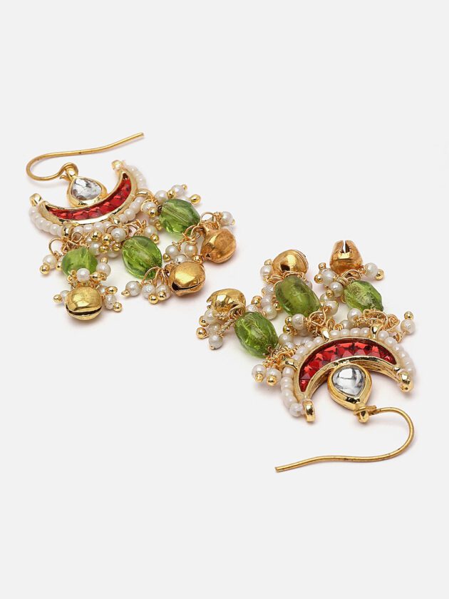 Red & Green Drop Earring with Kundan & Pearls