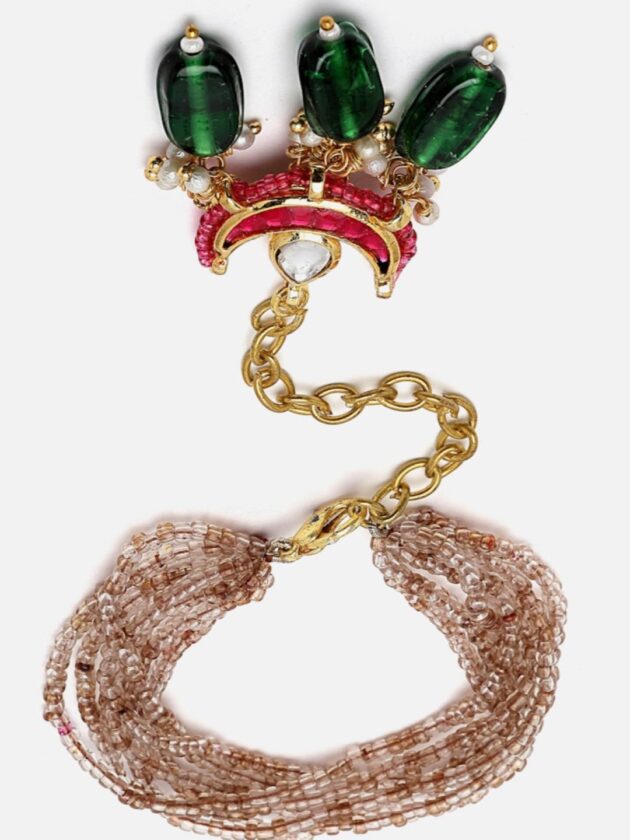 Pink & Green Adjustable Bracelet with Kundan & Pearls