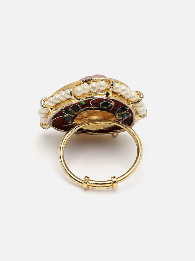 Pink & Cream Adjustable Ring with Kundan & Pearls